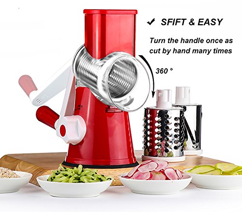 Cambom Rotary Cheese Grater Hand Crank Cheese Shredder for Fresh Cheese, Vegetable, Nuts,Non-slip Suction Base，Three Blades,Red - color: Red, size: 3 BLADES