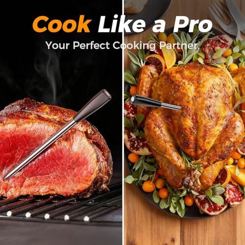 Smart Wireless Meat Thermometer, Digital Cooking Thermometer with Dual High-Accuracy Sensors, Ceramic Heat-Resistant Probe, Instant Read LCD & App Control for Kitchen,BBQ, Oven,Grill,Air Fryer, Black