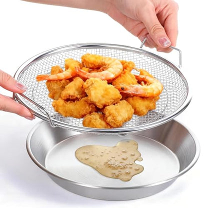 2Pcs Stainless Steel Mesh Tray Set with Drip Pan,Air Fryer Basket and Tray,Draining Rack with Heat Resistant Handles, Food-safe Frying Pan and Crisper for Healthy Cooking,Rustproof Kitchen Accessory