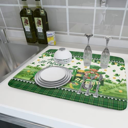 Shamrock Truck Dish Drying Mat Buffalo Check Dish Drainer Mat 18x24 inch Reversible Microfiber Quick Dry Rack Pad for Kitchen Counter Sink - color: Shamrock Truck Plaid, size: 18" x 18"