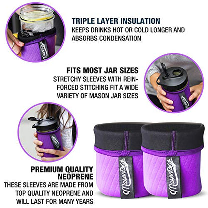 Masontops Wide Mouth Mason Jar Neoprene Sleeve - Purple - Triple Insulated Cozy - 2 Sleeves Cover 16-24 oz & Quart Sizes