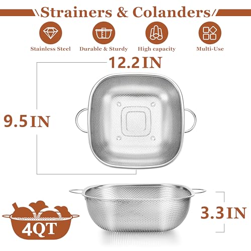 E-far 4QT Square Stainless Steel Colander - Metal Strainer with Handle for Draining Pasta & Vegetables, Micro-Perforated & Elevated Feet, Dishwasher Safe - size: 4QT