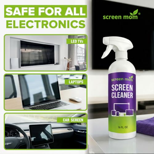 Screen Mom Screen Cleaner Spray 2 Pack-16oz for TV, Car, Laptop & Computer | Streak-Free Formula, Alcohol & Ammonia-Free, Safe for TVs, OLED Glass Tablets & Phones, Gentle Cleaning, No Residue Finish - size: 32 Fl Oz (Pack of 1)