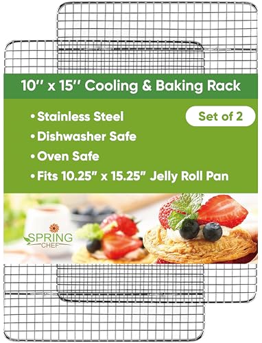 Spring Chef 10" x 15" Stainless Steel Cooling Racks for Baking - Oven Safe - Cookie Racks for Cooling Cookies - Fits Jelly Roll Pan - Perfect for Grilling, Roasting, Cooking, Drying - Set of 2 - size: 10"x15", style: 2 Pack
