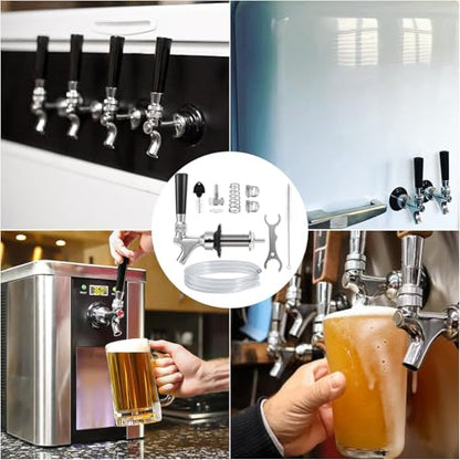 Draft Beer Line Shank Faucet Kit 3” Beer Faucet Shank Self-Closing Beer Tap Faucet Kegerator Parts Wrench 6ft 3/16” Beer Line Tubing Barb Connector Tap Brush Kegerator Conversion kit