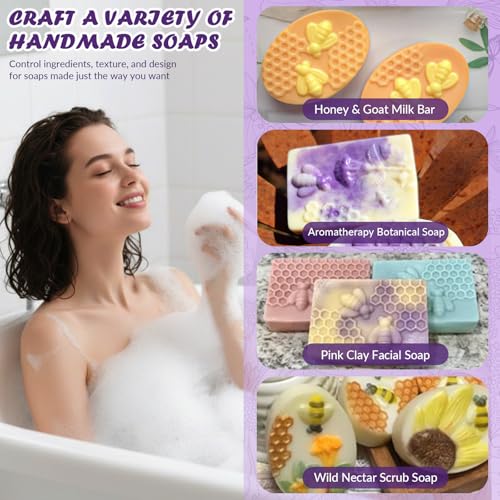 HKNMTT Silicone Bee Honeycomb Flower Oval Bar Molds, 6 Shapes 12 Cavities for Candy Soap Making Shower Steamer Homemade Bath Bomb Lotion Shampoo Bar Dessert DIY Set Non-stick Craft Food Grade 2 Pack - style: Bee & Honeycomb - 2PCS