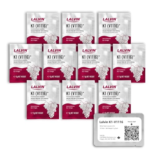 Lalvin K1-V1116 Wine Yeast (10 Pack) - Sold by CAPYBARA Distributors Inc. | Make Wine Cider Mead Kombucha At Home, 5 g Sachets, Saccharomyces cerevisiae