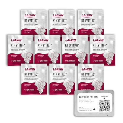 Lalvin K1-V1116 Wine Yeast (10 Pack) - Sold by CAPYBARA Distributors Inc. | Make Wine Cider Mead Kombucha At Home, 5 g Sachets, Saccharomyces cerevisiae