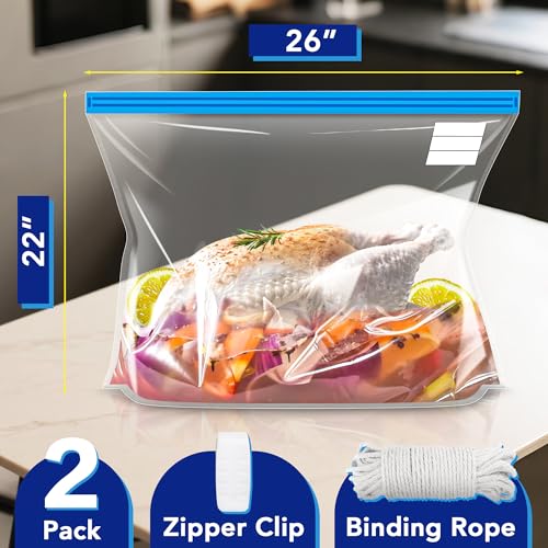 2 Pack 26” x 22” Extra Large Brining Bags for Turkey with String | Double Zippers Turkey Brine Bags for Marinade, Steak, Chicken, Beef, Ham, Pork, , with Date Label - color: 2 pack