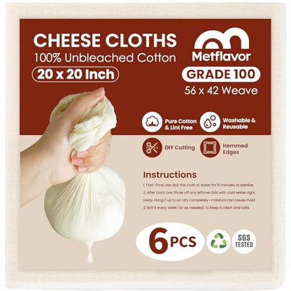 6Pcs Reusable Cheesecloth for Straining 20x20 Inch,100 Grade Cheese Cloths Hemmed 4 Edges, 100% Unbleached Cotton Cheese Cloth,Ultra-Dense Cloth Strainer for Yogurt/Nut Milk/Baking Making 56x42 Weave - size: 6 PCS - 20x20 Inch