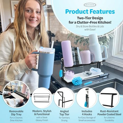 Water Bottle Drying Rack for Kitchen Counter – Cup Drying Rack, Tumbler, Mug & Glass Drying Rack Drying Rack, 2 Tier with Drain Tray and Cleaning Brush Set (Black) - color: Black