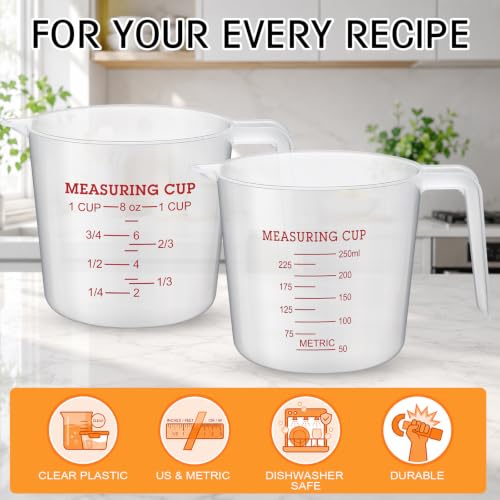 Fabbay 24 Pcs 1 Cup Capacity Plastic Measuring Cup 8 Oz Clear Graduated Measurement Cups with Spout and Handles Ounce and ml Marking for Recipe Ingredient Flour Liquid Baking Cooking Mixing(Red) - color: Red, size: 8 oz