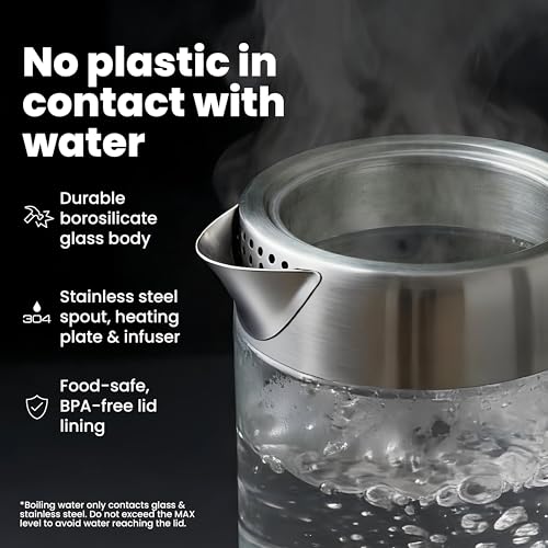 Viante Alba Electric Tea Kettle With Infuser, No Plastic, 1.5L | Borosilicate glass & 304 stainless steel construction. 4 temp presets, keep-warm, cordless, auto shut-off - style: Stainless Steel