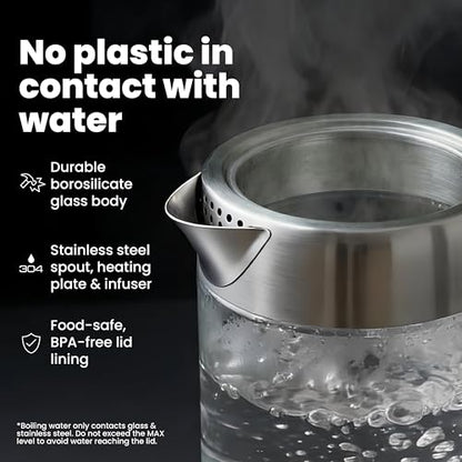 Viante Alba Electric Tea Kettle With Infuser, No Plastic, 1.5L | Borosilicate glass & 304 stainless steel construction. 4 temp presets, keep-warm, cordless, auto shut-off - style: Stainless Steel