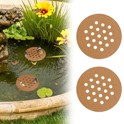 2 Pcs Floating Bee Island for Garden Pond Farm Fountain Cork Bee Watering Station Butterfly&Bee Waterer Feeding Cups for Bees Insect Outdoor Garden Decor Eco-Friendly