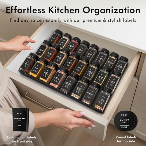 EDELHAUS® Square Spice Jars with Bamboo Wooden Lid (Pack of 24) Spice Jars with Shaker Insert and 240 Labels - Bamboo Lid Glass Container for Spice Organisation [4.3 in × 1.8 in] - color: Black Bamboo Lid