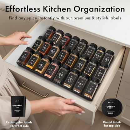 EDELHAUS® Square Spice Jars with Bamboo Wooden Lid (Pack of 24) Spice Jars with Shaker Insert and 240 Labels - Bamboo Lid Glass Container for Spice Organisation [4.3 in × 1.8 in] - color: Black Bamboo Lid