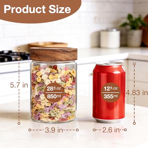 CONNOO 28oz Glass Storage Jars with Wood Lids (6-Pack) – Includes 120 Pre-Printed Waterproof White Kitchen Labels – Airtight Pantry Containers for Rolled Oats, Pasta & Cereals - size: cylindrical/28oz/6pcs