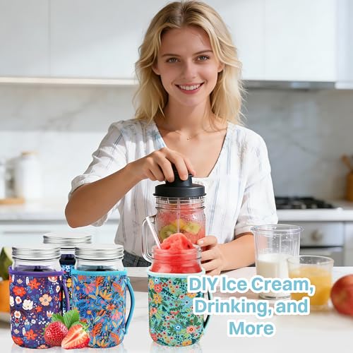 KJQJLY 4 Pcs Mason Jars Sleeves Neoprene 32oz Regular and Wide Mouth Mason Jar Sleeves Holder with Handle (Flowers, 32 OZ) - color: Flowers, size: 32 OZ