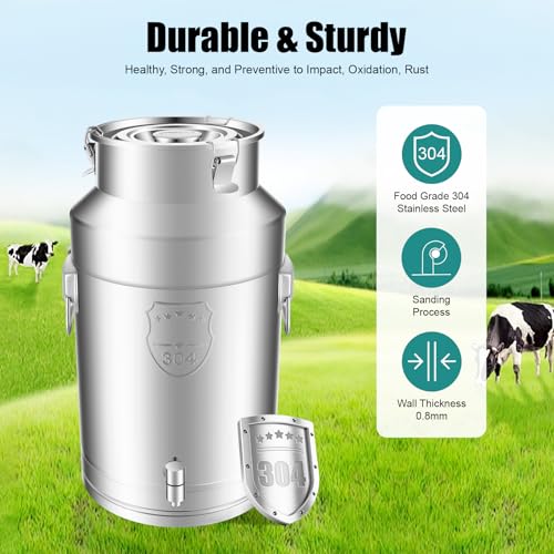 35L/9.3gal Milk Can with Spigot - 304 Stainless Steel Water Dispenser Food Storage Container for Liquid & Dry Goods, Wine Pail Bucket Metal Tote Jug for Kitchen, Farm - size: 35 liters (9.3 gallons)