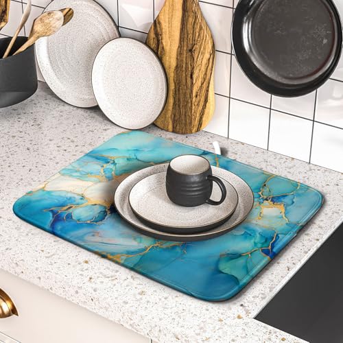 Marble Print Dish Drying Mat for Kitchen Counter,Blue Teal Turquoise Gold Drying Mat 16 x 18 Inch with Absorbent Reversible Microfiber Drying Pad for Coffee Bar - size: 16" x 18"