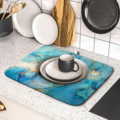 Marble Print Dish Drying Mat for Kitchen Counter,Blue Teal Turquoise Gold Drying Mat 16 x 18 Inch with Absorbent Reversible Microfiber Drying Pad for Coffee Bar - size: 16" x 18"