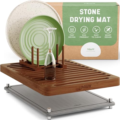 NIUM Stone Drying Mat for Kitchen Counter & Bamboo Rack - 16″x12″ - Diatomaceous Earth Dish drying mat Ultra Absorbent & Fast Drying - EcoFriendly with Non-Slip Pads & Anti-Moisture Design - color: Dark Bamboo