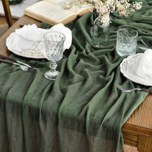 Artoid Mode Boho Cheesecloth Gauze Forest Green Wedding Table Runner, 120 Inch Seasonal Fabric Kitchen Dining Holiday Table Decor for Home Party Indoor - color: Forest Green, size: 120"