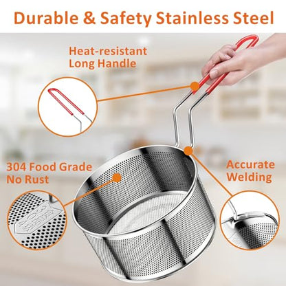Yimi Deep Fryer Basket 304 Stainless Steel for Frying French Fries Cooking | 7.8''x4.1'' Round Frying Baskets with Heat Resistant Silicone Handle for Kitchen Cooking, Serving Food, 3-Quart - size: 7.8'' Deep Fry Basket