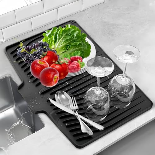 CIEO Silicone Dish Drying Mat for Kitchen Counter, Slope Fast Self-Draining, Non-Slip Drain Pad, Easy Clean Countertop Protection Mat, Multiple Use for Dishes Drying Rack（18.9"x 11.9",Black）