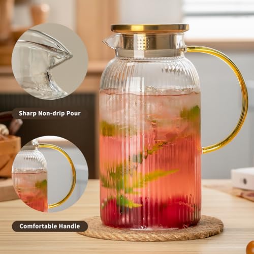 Buaic Glass Pitcher with Lid, 84oz/2.5 Liter Classic Vertical Stripes Water Pitcher,Glass Water Carafe for Cold Brew, Coffee, Lemonade, Iced Sun Tea,Beverage, Milk, Heat Resistant - color: Clear, size: 2.5L-1 PACK