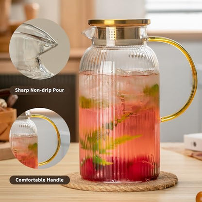 Buaic Glass Pitcher with Lid, 84oz/2.5 Liter Classic Vertical Stripes Water Pitcher,Glass Water Carafe for Cold Brew, Coffee, Lemonade, Iced Sun Tea,Beverage, Milk, Heat Resistant - color: Clear, size: 2.5L-1 PACK