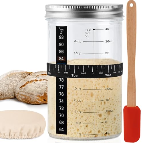 40oz/1200ml Sourdough Starter Kit – Extra Thermometer Strips and Breathable Covers Included in Sourdough Starter Jar – A Perfect Sourdough Bread Starter Kit for Beginners to Expert - color: 1200ML/40 Oz Jar