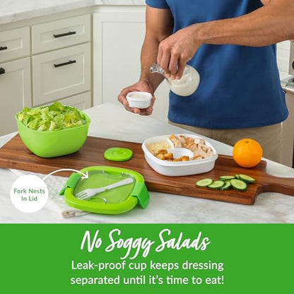 Bentgo Salad Container - 54 oz Bowl with 4-Compartment Toppings Tray, Leak-Proof Dressing Container, Reusable Fork, BPA-Free Lunch Box for Meal Prep & Food Storage; Removable Bento Tray (Green) - color: Green