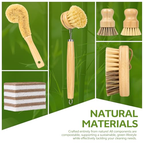 GREENTH PRO 9-Piece Bamboo Dish Brush Set with Natural Coconut Sponges | Dish Brush,Coconut Bottle Brush,Natural Kitchen Cleaning Set