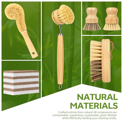 GREENTH PRO 9-Piece Bamboo Dish Brush Set with Natural Coconut Sponges | Dish Brush,Coconut Bottle Brush,Natural Kitchen Cleaning Set