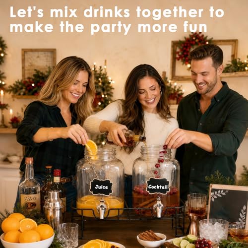 1 Gallon Glass Drink Dispensers For Parties-Set of 2,Drink Dispenser with Fruit Infuser & Stand,Juice or Beverage Dispenser for BBQ, Picnic, Party,Laundry Detergent Dispenser - size: 1 Gallon Double With Stand