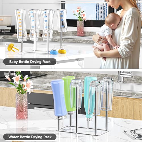 Water Bottle Drying Rack Reusable Bottle Rack Dryer Kitchen Stand Holder Metal Countertop Baby Bottle Drying Rack Water Cup Drying Rack for Plastic Bags, Bottles and Cups (Sliver, Large) - size: Large