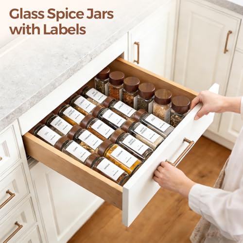 ComSaf 24Pcs (4Oz) Glass Spice Jars with Label, Airtight Seasoning Containers with Lid for Home Cooks to Organizing Herbs, Sugar, Pepper, Salt, Glass Spice Bottles Organize Cabinet & Drawer - size: 4Oz*24