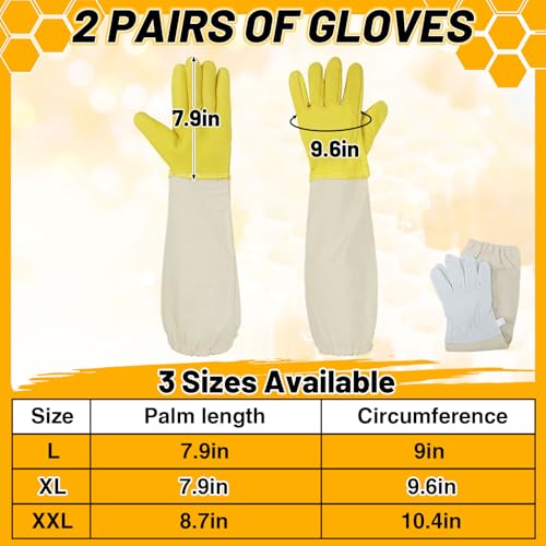ANPHSIN 2 pairs Long Goatskin Beekeeping Gloves for Beekeepers - Protected Leather Gloves, Beekeeping Supplies, White/Yellow