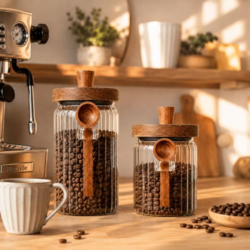 ANSQU Glass Jar with Wooden Lid & Spoon, Food Storage Containers Coffee Jar Coffee Grounds Container, Food Storage Canister (34oz-2pack-stripe) - size: 34oz-2pack-stripe