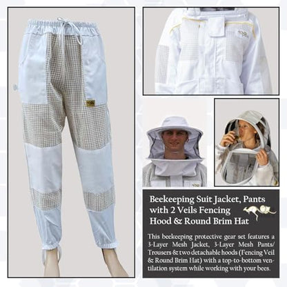 Beekeeping Suit Jacket, Pants/Trousers with 2 Veils Fencing Hood & Round Brim Hat, Ventilated 3 Layer Mesh Costume - size: 3X-Large