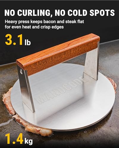 Smash Burger Press 8 Inch, 3.1 Lb Burger Smasher, Heatable for Searing Panini, Steak, Chicken, Salmon, Stainless Steel Bacon Press, Flat Bottom, Seasoning Free, Wooden Handle No Spin - size: 8"