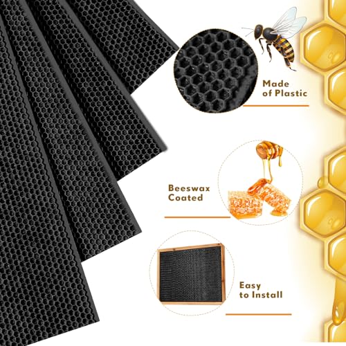 20 Pcs Beehive Waxed Coated Foundation Wax for Bee Frames Plastic Portable Honeycomb Sheet Beeswax Coated Foundation Sheet Beehive Equipment Fit Deep Frame (Black) - color: Black