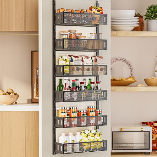 6-Tier Over The Door Pantry Organizer with Mesh Baskets, Adjustable & Stable Hanging Spice Rack for Kitchen, Bathroom, Bedroom, and Baby Essentials Storage (16" W 6-Tiers, Black) - color: 6tiers-Black-Metal