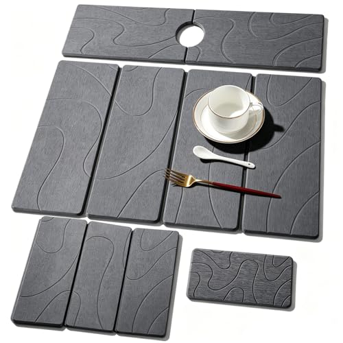 3 PCS Large Stone Dish Drying Mat for Kitchen Counter, Quick Dry Stone Dishes Mats, Sink Faucet Mat, Minimalist Water Absorbing Diatomaceous Earth Drying Pad for Countertop Tableware, Bottles - color: Grey Carving Lines