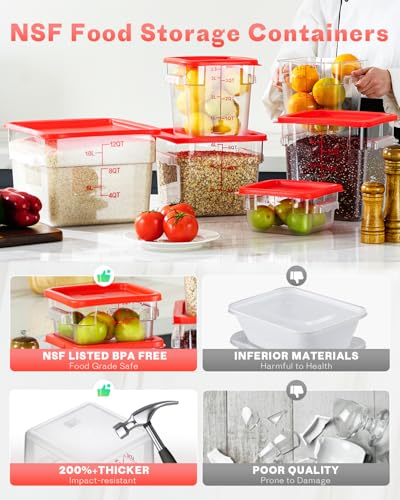 4QT NSF Food Storage Containers: 8 PCS [Food Grade][Hot&Cold Resistant] Commercial Clear Food Storage Containers with Lids for Restaurant Kitchen Proof Dough, Measuring Spoons Included(BPA FREE) - color: A-4QT-RED