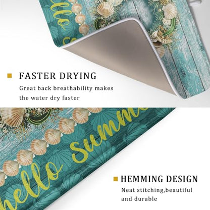 Hello Summer Dish Drying Mat for Kitchen Counter,Sea Shell Starfish Coastal Wreath Drying Mat 18 x 24 Inch with Absorbent Reversible Microfiber Drying Pad for Coffee Bar - size: 18" x 24"