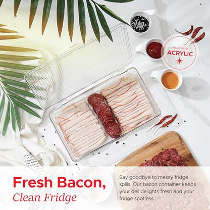Tafura Bacon Container For Refrigerator (2 Pack) Fridge Storage Organizer | Cheese & Deli Storage Container | Bacon Keeper | Cold Cuts Meat Saver | Cheese Holder, BPA Free