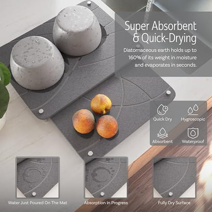 Large Stone Drying Mat for Kitchen Counter | 15.8” x 11.8” Dish Drying Mat Large | Diatomaceous Earth Collapsible Stone Dish Drying Mat | Collapsible Stone Mat for Kitchen Counter (Dark Gray) - color: Dark Gray